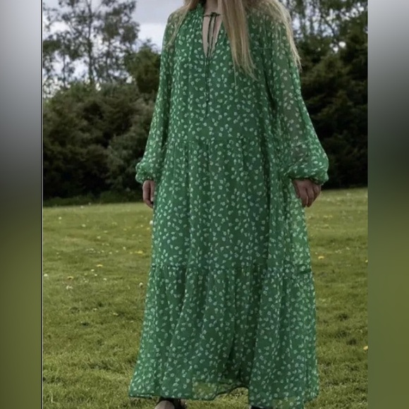 H&M Floral Flounce Green Chiffon Long Sleeve Maxi Dress sz M - Picture 7 of 8